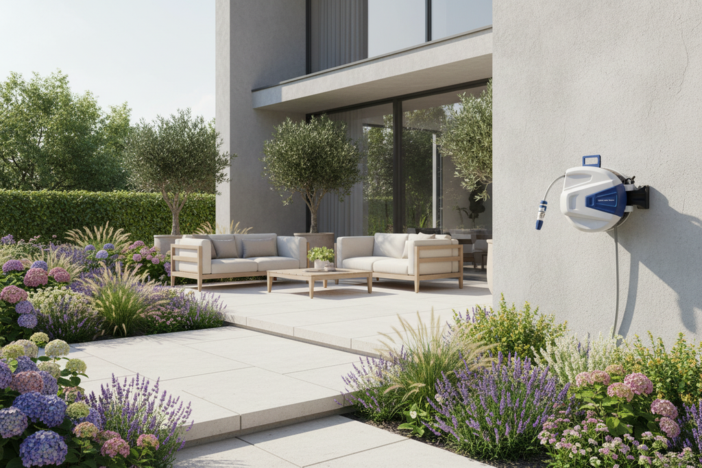 Siro-Reel op moderne huismuur bij terras